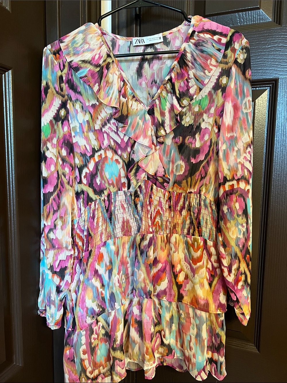 ZARA Multicolor Ruffle V-Neck Blouse - Pink, Blue, Green
